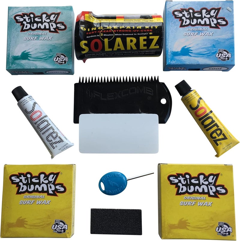 طقم إصلاح دنج Sticky Bumps Wax مع راتنج Solarez UV Cure بالإضافة إلى 2 بار من الشمع الاستوائي، 1 طبقة أساسية، 1 بارد ومرش لتنظيف لوحك